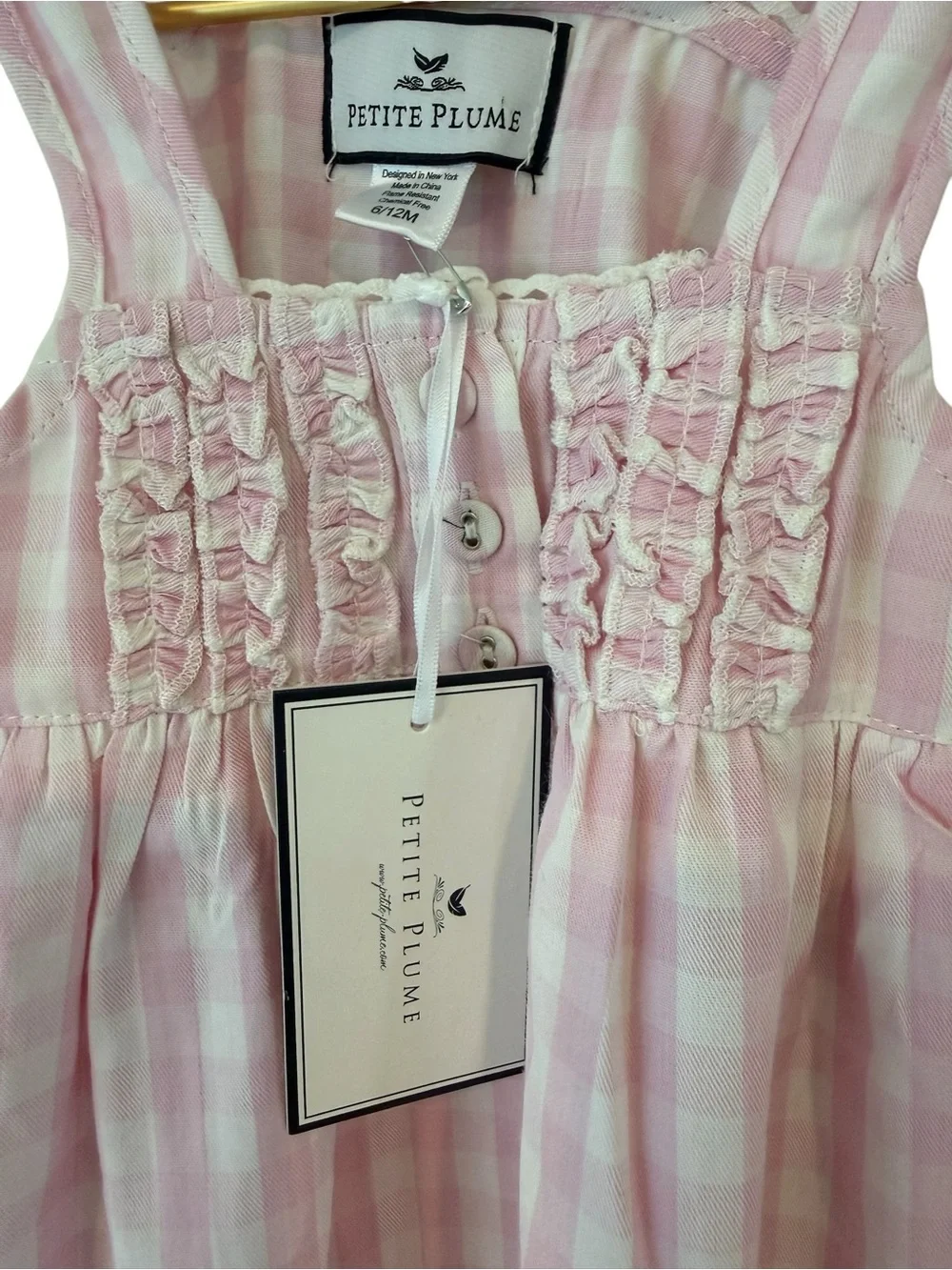 Petite Plume Gingham baby girl  Nightgown with Ruffle Front NWT 6-12 months